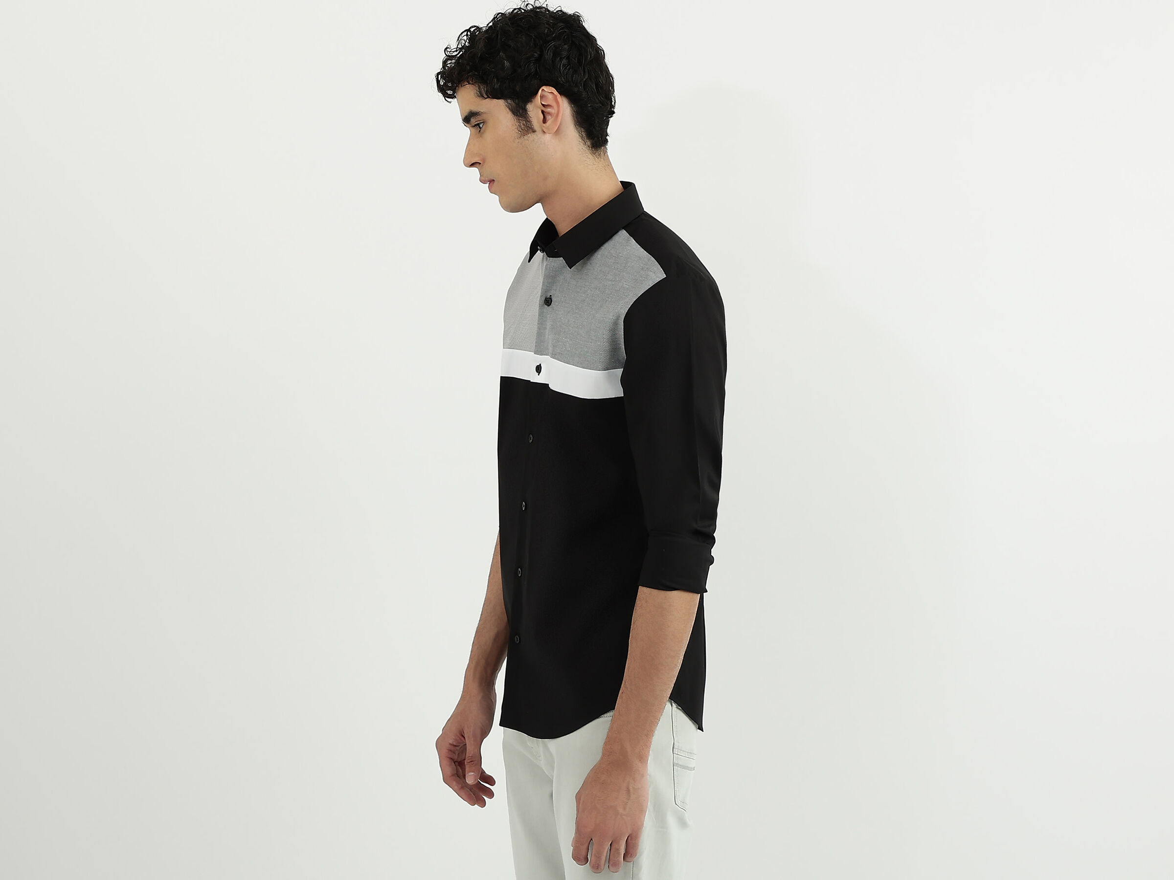 F/S POPLIN STR STRIPE PANEL BLOCK SHIRT image number 2